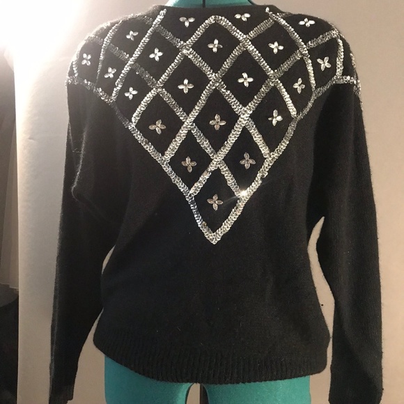 Vintage 80s Black Silver Sequin Sweater Medium - Picture 7 of 8